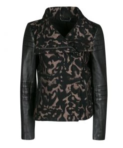 Diane Von Furstenberg Black Animal Patterned Leather Sleeve Detail Marvela Jacket M For Women