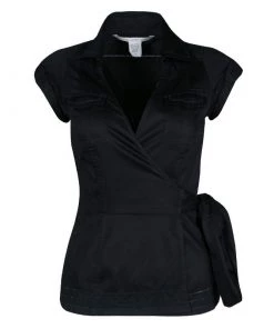 Diane Von Furstenberg Black Cotton Contrast Stitch Detail Wrap Shirt XS For Women