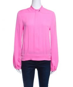 Diane Von Furstenberg Neon Pink Silk Mandarin Collar Long Sleeve Baire Top S For Women