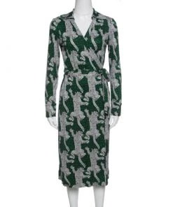 Diane Von Furstenberg Green Animal Figure Printed Jersey Silk Cybil Wrap Dress S For Women