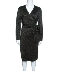 Diane Von Furstenberg Black Lurex Knit Long Sleeve Wrap Dress L For Women