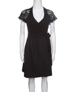 Diane Von Furstenberg Black Floral Lace Sleeve Detail Elizabeth Wrap Dress XS For Women