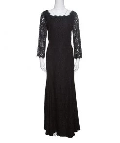 Diane Von Furstenberg Black Floral Lace Scallop Trim Detail Zarita Maxi Dress L For Women