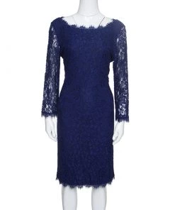 Diane Von Furstenberg Navy Blue Zarita Long Sleeve Lace Dress L For Women