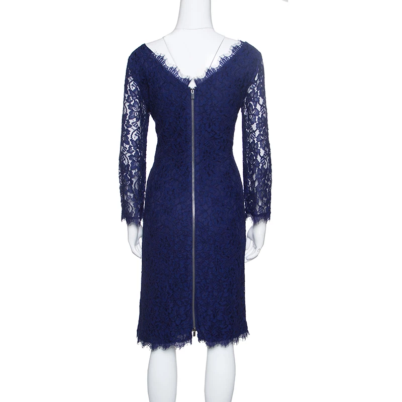 Diane Von Furstenberg Navy Blue Zarita Long Sleeve Lace Dress L For Women 3 Diane Von Furstenberg Navy Blue Zarita Long Sleeve Lace Dress L For Women - Image 3