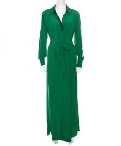 Diane Von Furstenberg Green Silk Belted Long Sleeve Shirt Dress S For Women