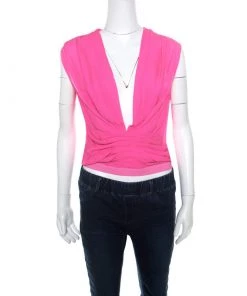 Diane Von Furstenberg Candy Pink Peated Plunge Neck Akahana Top XS For Women