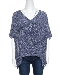 Diane Von Furstenberg Navy Blue And White Dotted Silk Dolman Sleeve Top S For Women