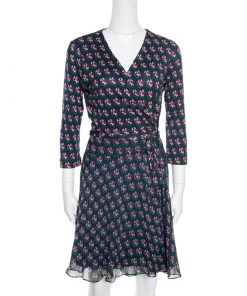 Diane Von Furstenberg Navy Blue Zen Floral Print Irina Wrap Dress M For Women