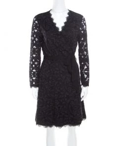 Diane Von Furstenberg Navy Blue And Black Guipure Lace Scalloped Trim Shaelyn Wrap Dress M For Women