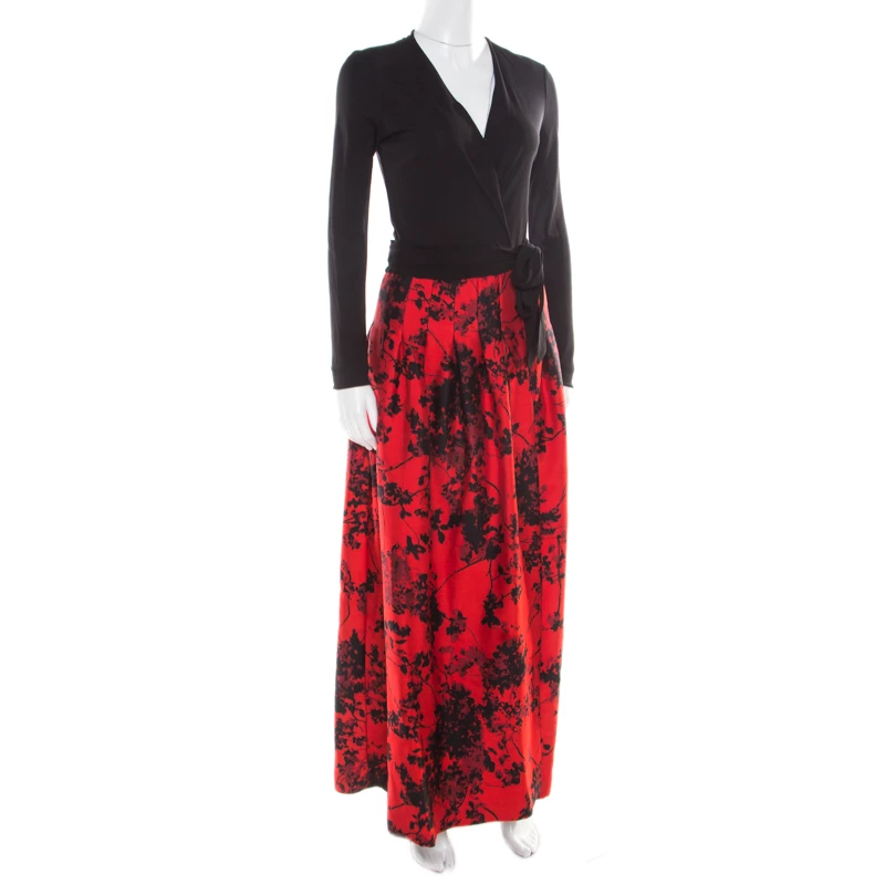 Diane Von Furstenberg Black And Red Floral Print Kailey Wrap Gown S For Women 2 Diane Von Furstenberg Black And Red Floral Print Kailey Wrap Gown S For Women - Image 2