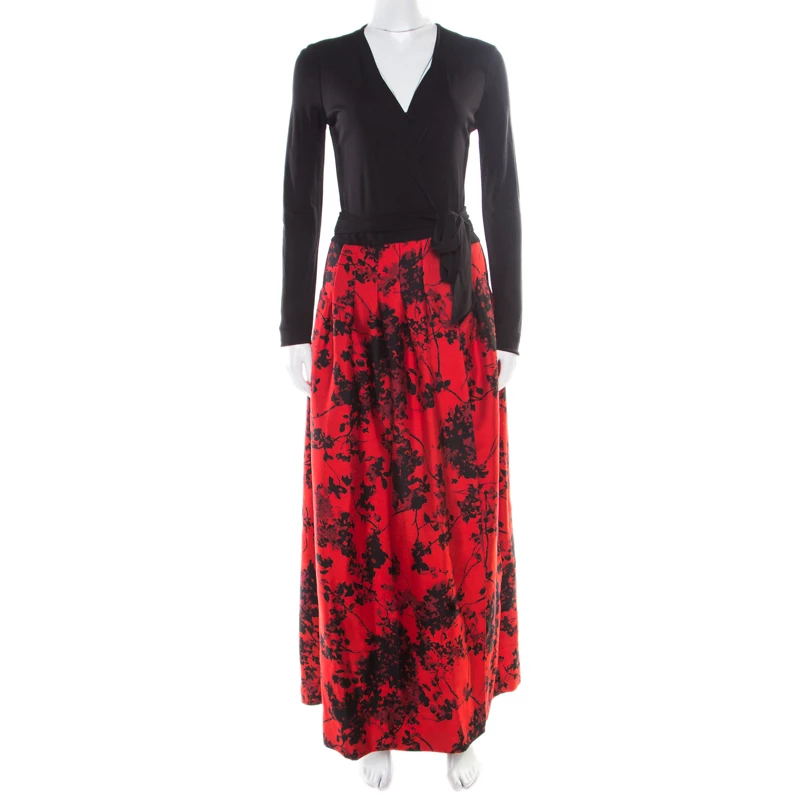 Diane Von Furstenberg Black And Red Floral Print Kailey Wrap Gown S For Women 1 Diane Von Furstenberg Black And Red Floral Print Kailey Wrap Gown S For Women