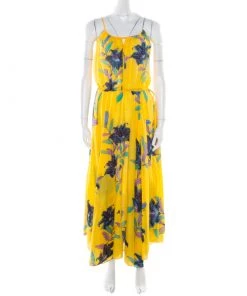 Diane Von Furstenberg Yellow Floral Printed Tie Detail Cinch Waist Dress S For Women