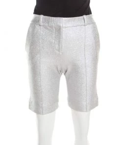 Diane Von Furstenberg Metallic Silver Silk Lined New Boymuda Shorts S For Women