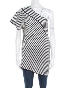 Diane Von Furstenberg Monochrome Alsen Stripe Silk One Shoulder Top L For Women