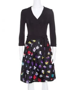 Diane Von Furstenberg Black Floral Printed Wool And Silk Jewel Wrap Dress M For Women