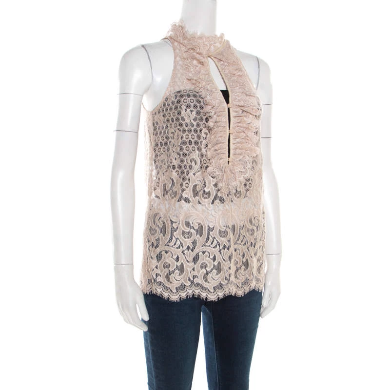 Diane Von Furstenberg Beige Floral Lace Ruffle Trim Sleeveless Olvida Top S For Women 2 Diane Von Furstenberg Beige Floral Lace Ruffle Trim Sleeveless Olvida Top S For Women - Image 2