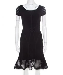 Diane Von Furstenberg Black Knit Perforated Trim Fit And Flare St.Petersburg Dress XS For Women