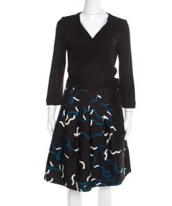 Diane Von Furstenberg Black And Blue Printed Wool And Silk Jewel Wrap Dress L For Women
