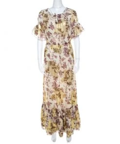 Diane Von Furstenberg Raisin Floral Print Lurex Insert Ruffled Jane Maxi Dress S For Women