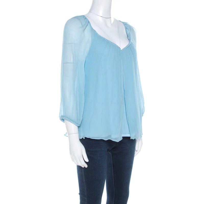 Diane Von Furstenberg Powder Blue Plisse Chiffon Silk Fenobe Blouse M For Women 2 Diane Von Furstenberg Powder Blue Plisse Chiffon Silk Fenobe Blouse M For Women - Image 2