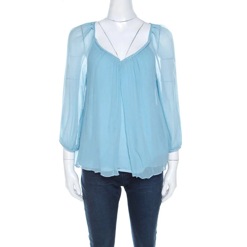 Diane Von Furstenberg Powder Blue Plisse Chiffon Silk Fenobe Blouse M For Women 1 Diane Von Furstenberg Powder Blue Plisse Chiffon Silk Fenobe Blouse M For Women