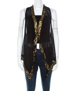 Diane Von Furstenberg Black Silk Chiffon Gold Sequin Embellished Ellowyn Sleeveless Vest M For Women