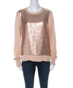 Diane Von Furstenberg Blush Pink Sequinned Silk Full Sleeve Blend Jersey Top L For Women