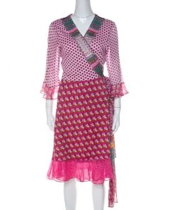 Diane Von Furstenberg Pink Silk Jersey & Chiffon Floral Print Nieves Wrap Dress L For Women