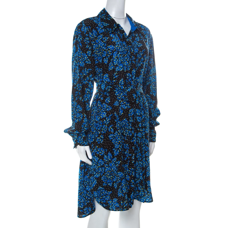 Diane Von Furstenberg Black & Cobalt Blue Floral Print Silk Belted Shirt Dress L For Women 2 Diane Von Furstenberg Black & Cobalt Blue Floral Print Silk Belted Shirt Dress L For Women - Image 2