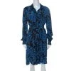 Diane Von Furstenberg Black & Cobalt Blue Floral Print Silk Belted Shirt Dress L For Women