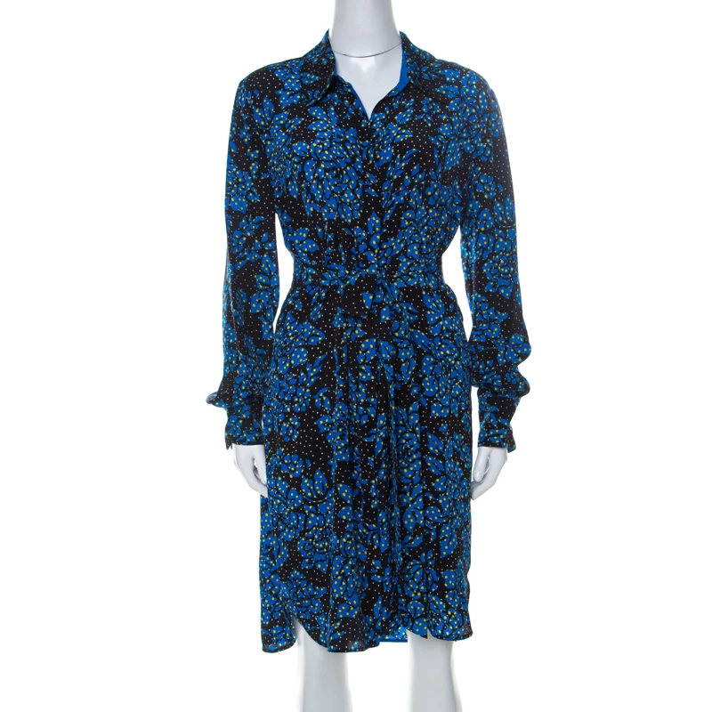 Diane Von Furstenberg Black & Cobalt Blue Floral Print Silk Belted Shirt Dress L For Women 1 Diane Von Furstenberg Black & Cobalt Blue Floral Print Silk Belted Shirt Dress L For Women
