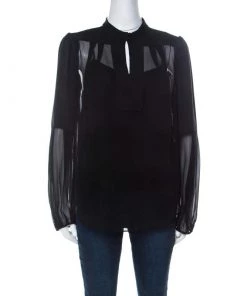 Diane Von Furstenberg Black Chiffon Bishop Sleeve Isolde Top L For Women