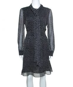 Diane Von Furstenberg Black Dot Print Silk Tie Neck Detail Arabella Dress M For Women
