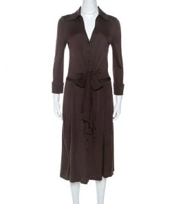 Diane Von Furstenberg Brown Jersey Tie Waist Eli Shirt Dress M For Women