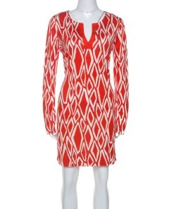 Diane Von Furstenberg Coral Red Ikat Print Silk Reina Long Sleeve Dress L For Women