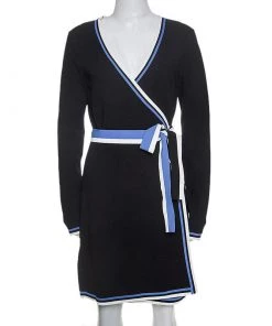 Diane Von Furstenberg Black Knit Striped Detail Wrap Dress S For Women