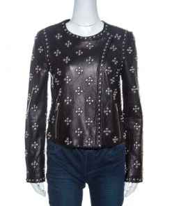 Diane Von Furstenberg Black Leather Studded Cocoa Jacket S For Women