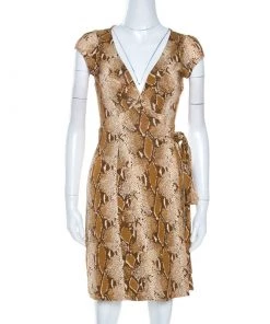 Diane Von Furstenberg Brown Snake Print Silk Kye Wrap Dress S For Women