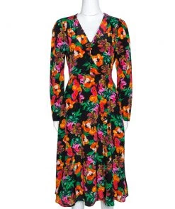 Diane Von Furstenberg Black Floral Print Silk Midi Dress M For Women