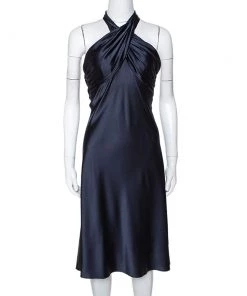 Diane Von Furstenberg Midnight Blue Stretch Silk Halter Neck William Dress M For Women