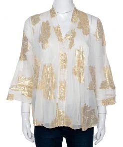 Diane Von Furstenberg Cream Brocade Silk Pleated Layla Top M For Women
