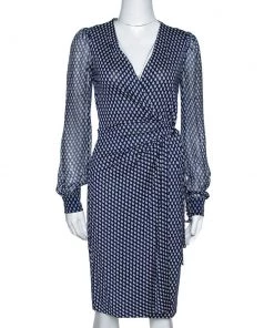 Diane Von Furstenberg Navy Blue Printed Silk Sigourney Two Wrap Dress S For Women