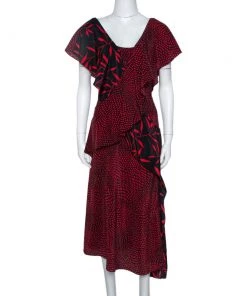 Diane Von Furstenberg Red Printed Silk Cross Over Ruffle Detail Midi Dress S For Women