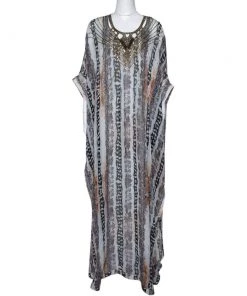Diane Von Furstenberg Black Printed Silk Clare Beaded Tech Maxi Kaftan L For Women