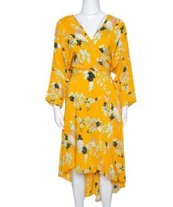 Diane Von Furstenberg Yellow Floral Print Silk Eloise Wrap Dress M For Women