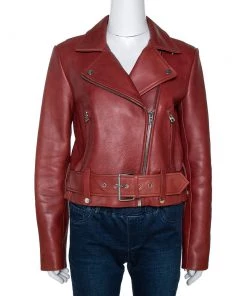 Diane Von Furstenberg Wine Red Leather Cropped Biker Jacket M For Women
