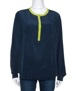 Diane Von Furstenberg Naval Blue Silk Contrast Trim Maisy Blouse L For Women