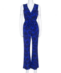 Diane Von Furstenberg Royal Blue Printed Silk Sleeveless Jumpsuit S For Women