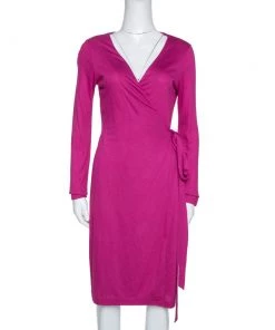 Diane Von Furstenberg Fuchsia Pink Jersey New Julian LS Wrap Dress S For Women